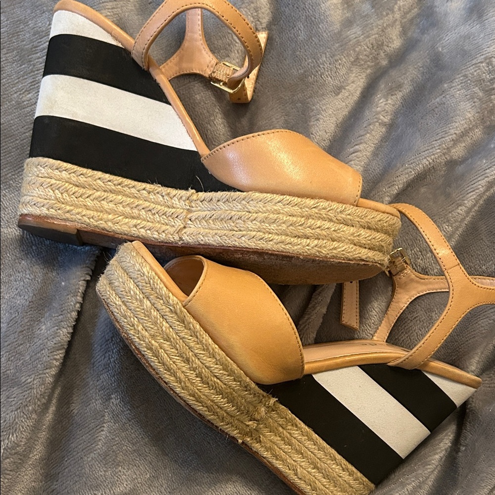 Kate Spade Black and White Striped Espadrilles with Tan Straps